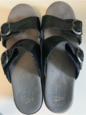 Dansko Sophie Heeled Black Shimmer Leather Women's Slide Sandals EU 38 US 7.5-8